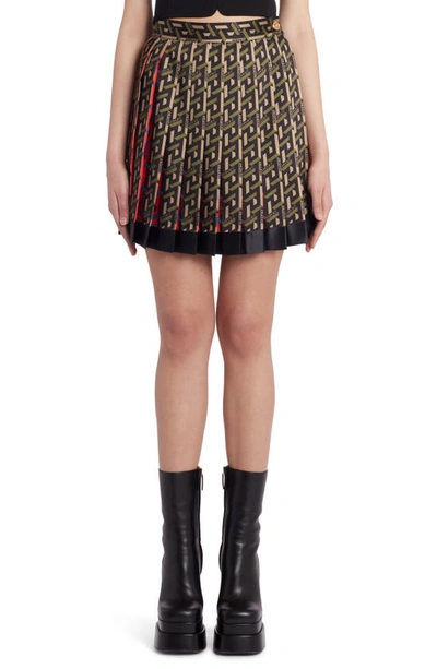 Shop Versace La Greca Monogram Print Pleated Miniskirt In 5b160 Black Military