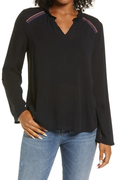 Shop Bobeau Embroidered Long Sleeve Blouse In Pirate Black