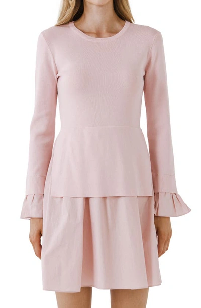 Shop English Factory Combo Knit & Poplin Dress In Dusty Pink
