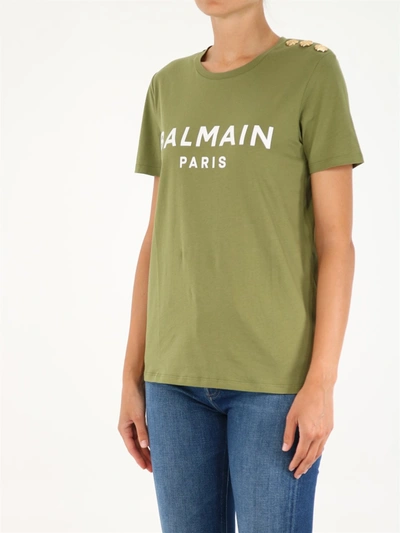 Shop Balmain Khaki T-shirt With Logo In Green