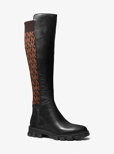 Shop Michael Kors Ridley Leather And Logo Jacquard Knee Boot In Brown