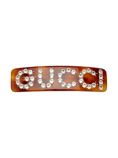 Shop Gucci Crystal-logo Hair Pin In Brown