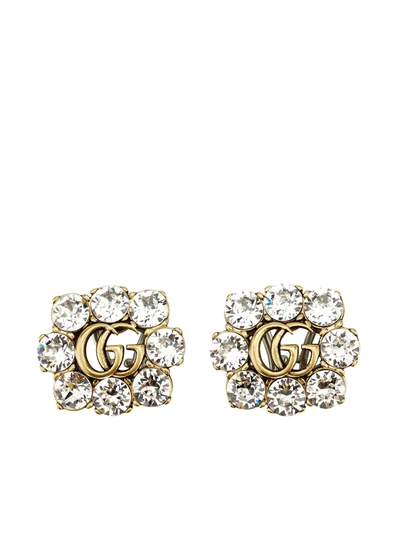 Shop Gucci Double G Crystal Clip Earrings In Gold
