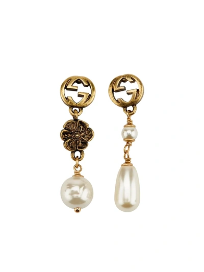 Shop Gucci Interlocking G Pearl Earrings In Gold