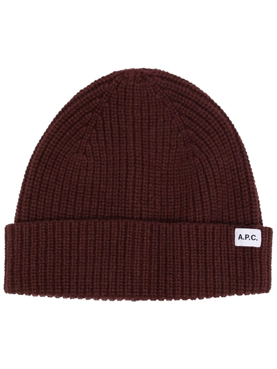 Shop Apc Logo-patch Ribbed-knit Beanie In 褐色