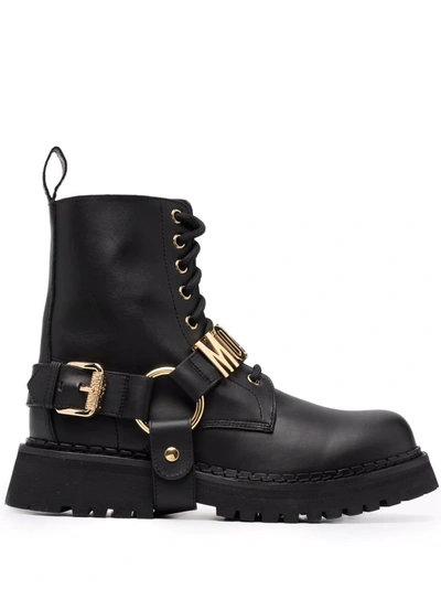 Shop Moschino Logo-plaque Ankle Boots In 黑色