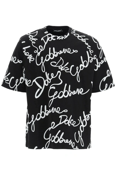 Shop Dolce & Gabbana Oversize All-over Logo T-shirt In Black,white