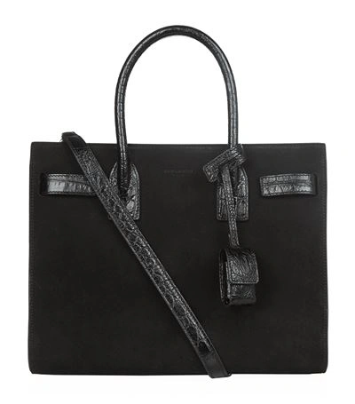 Saint Laurent Small Sac De Jour Suede Croc Embossed Bag In Black