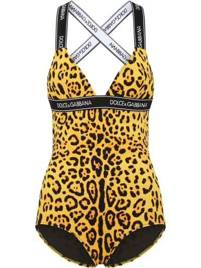 Shop Dolce & Gabbana Logo Tape Leopard Swimsuit In Yellow