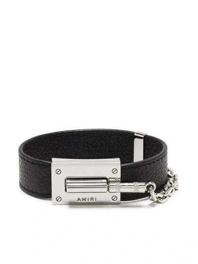 Amiri Silver-tone And Leather Bracelet In Black