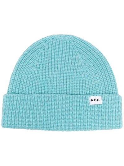 Shop Apc Ribbed-knit Logo Beanie In Blue