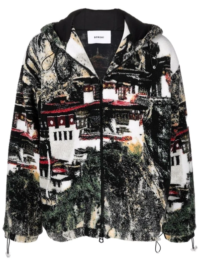 Shop Bonsai Landscape-knit Hooded Fleece Jacket In Black