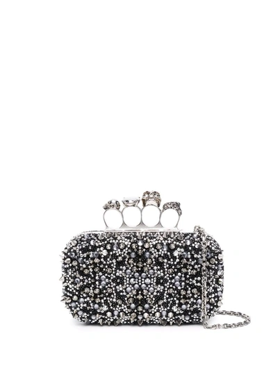 Alexander Mcqueen Four Ring Embellished Suede Clutch In 黑色