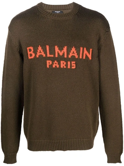 Shop Balmain Intarsia-knit Logo Jumper In 绿色