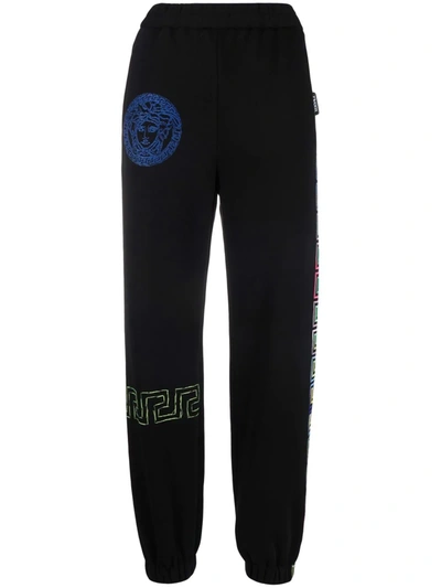 Shop Versace Medusa-embroidered Logo-trim Track Pants In 黑色