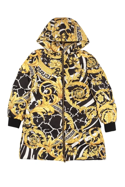 Shop Versace Kids Barocco Printed Hooded Down Jacket In Multi