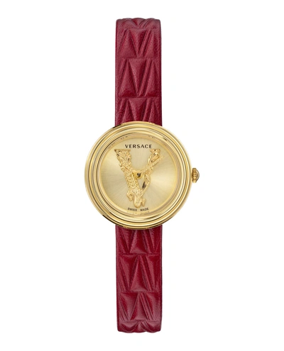 Shop Versace Virtus Leather Watch In Gold