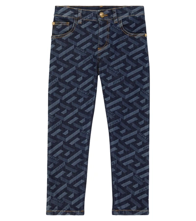Shop Versace Logo-printed High-rise Jeans In Blue