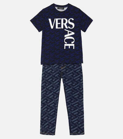 Shop Versace Logo-printed High-rise Jeans In Blue