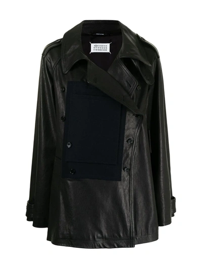 Shop Maison Margiela Double-breasted Leather Jacket In 黑色
