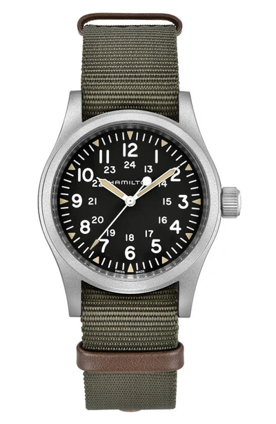 Shop Hamilton Khaki Field Mechanical Nato Strap Watch, 38mm In Green/ Black/ Silver