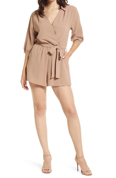 Shop Fraiche By J Balloon Sleeve Tie Front Romper In Tan