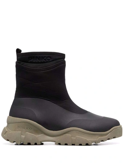Shop Pinko Trek Rubberized Fabric Boots With Embossed Logo In Black