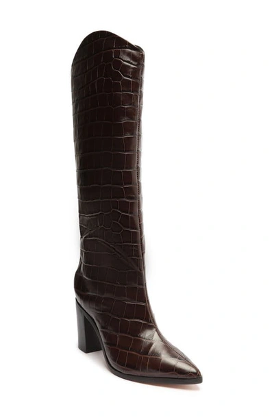 Shop Schutz Maryana Pointed Toe Block Heel Knee High Boot In Dark Chocolate Croco