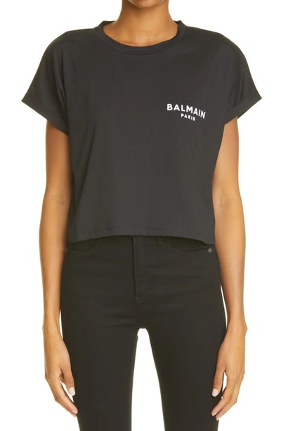Shop Balmain Flocked Logo Cotton Crop T-shirt In Black/ White