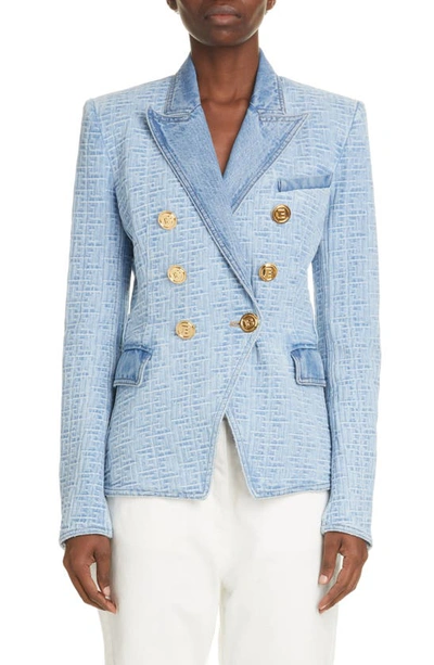 Shop Balmain Monogram Cotton Denim Double Breasted Jacket In Light Blue