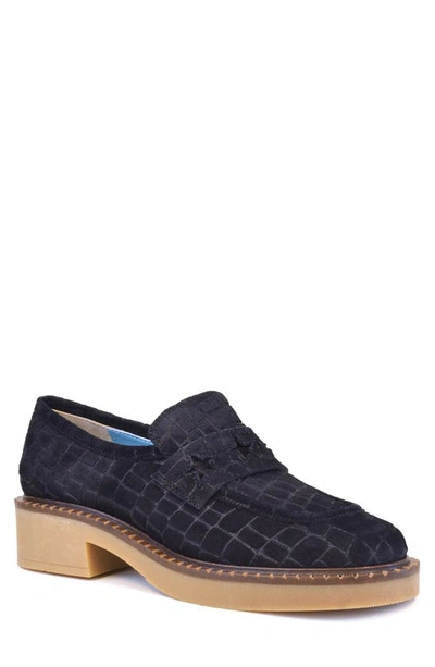 Shop Valentina Rangoni Rina Croc Embossed Suede Penny Loafer In Navy Criss