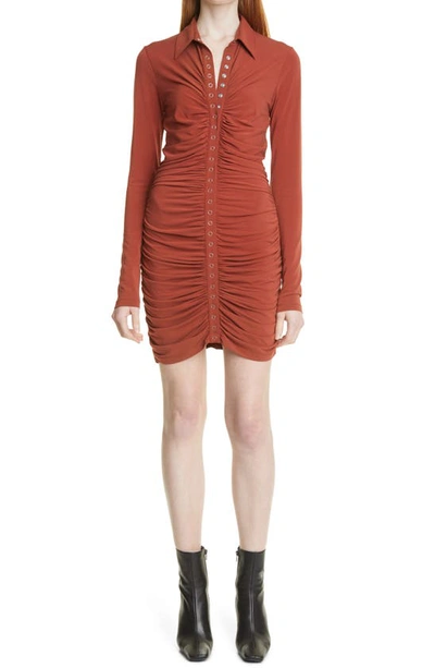 Shop A.l.c Larsen Ruched Long Sleeve Minidress In Brandy Brown