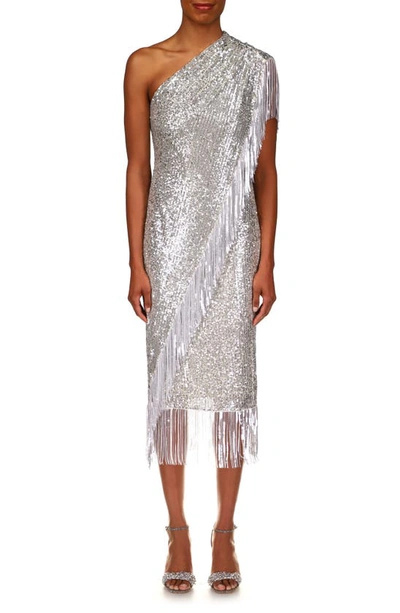 Badgley Mischka One-shoulder Evening Dress In Silver