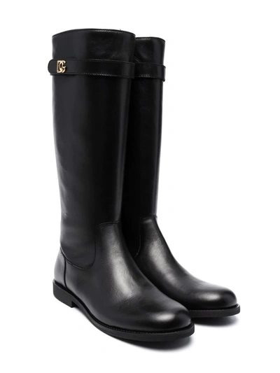 Shop Dolce & Gabbana Teen Logo-plaque Knee-length Boots In Black