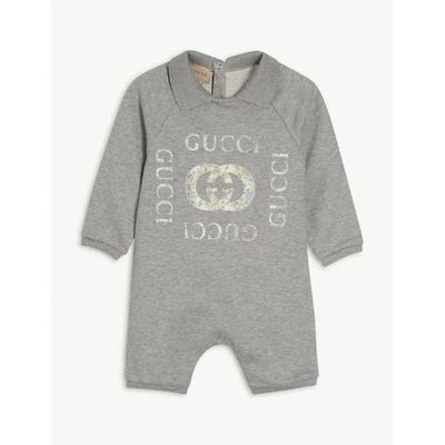 Shop Gucci Grey Logo-embroidered Cotton Playsuit 3-12 Months 6-9 Months