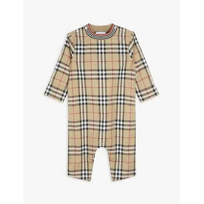 Shop Burberry Archive Beige Michael Checked Stretch-cotton Babygrow 1-18 Months 18 Months