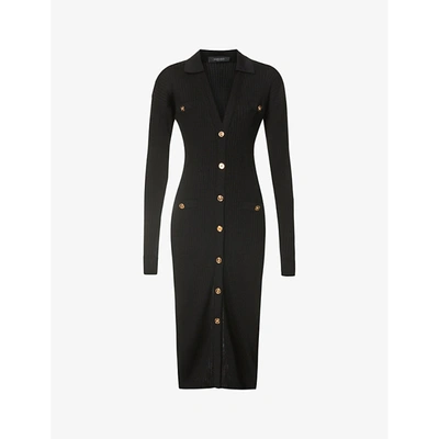 Shop Versace Womens Black Button-embellished Ribbed Stretch-knit Midi Dress 10