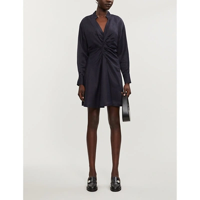 Shop Sandro Womens Navy Blue Celia Ruched Satin-twill Mini Dress