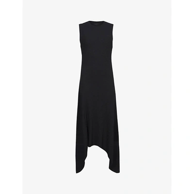 Shop Allsaints Women's Black Gia Asymmetric Cotton-blend Midi Dress