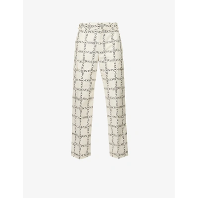 Shop Jw Anderson Mens Ivory Brand-print Straight Cotton Trousers 30