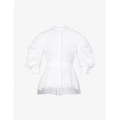 Shop Alexander Mcqueen Womens Optical White Ruched Cotton-poplin Peplum Shirt 10