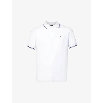 Shop Emporio Armani Stripe-trim Cotton-blend Piqué Polo Shirt In Bianco Ottico