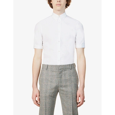 Shop Alexander Mcqueen Mens White Short-sleeve Button-down Stretch-cotton Shirt 15.5