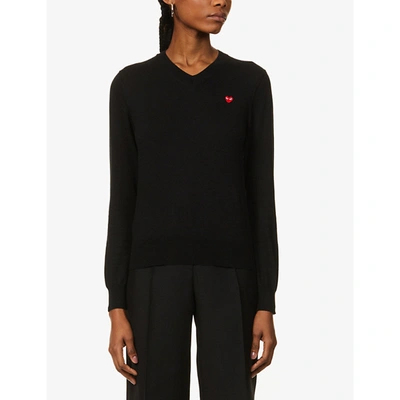 Shop Comme Des Garçons Play Womens Black Heart-appliqué V-neck Cotton-knit Jumper Xs