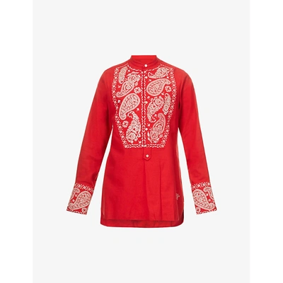 Shop Wales Bonner Mens Scarlet Menelik Embroidered-pattern Organic Cotton Flannel Shirt 40
