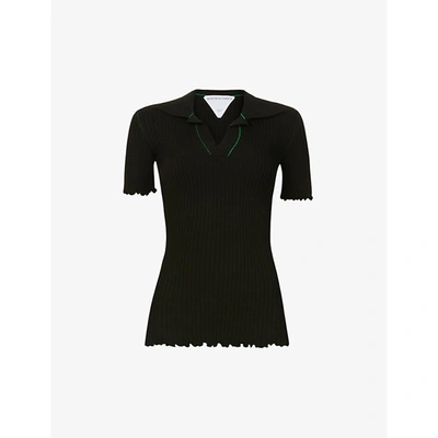 Shop Bottega Veneta Womens Black Ribbed Cotton-knit Polo Shirt M