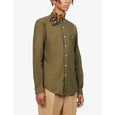 Shop Polo Ralph Lauren Pony-embroidered Slim-fit Garment-dyed Cotton Oxford Shirt In Green
