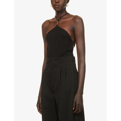 Shop Bottega Veneta Womens Black Halterneck Bead-embellished Cashmere-blend Body M