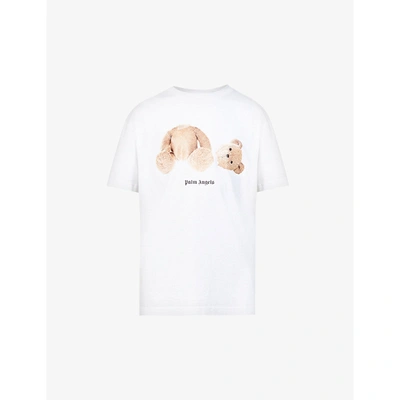 Shop Palm Angels Mens White Brown Bear-print Crewneck Cotton-jersey T-shirt L
