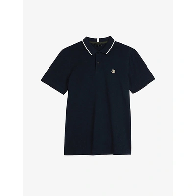 Shop Ted Baker Mens Navy Camdn Floral-embroidered Cotton Polo Shirt